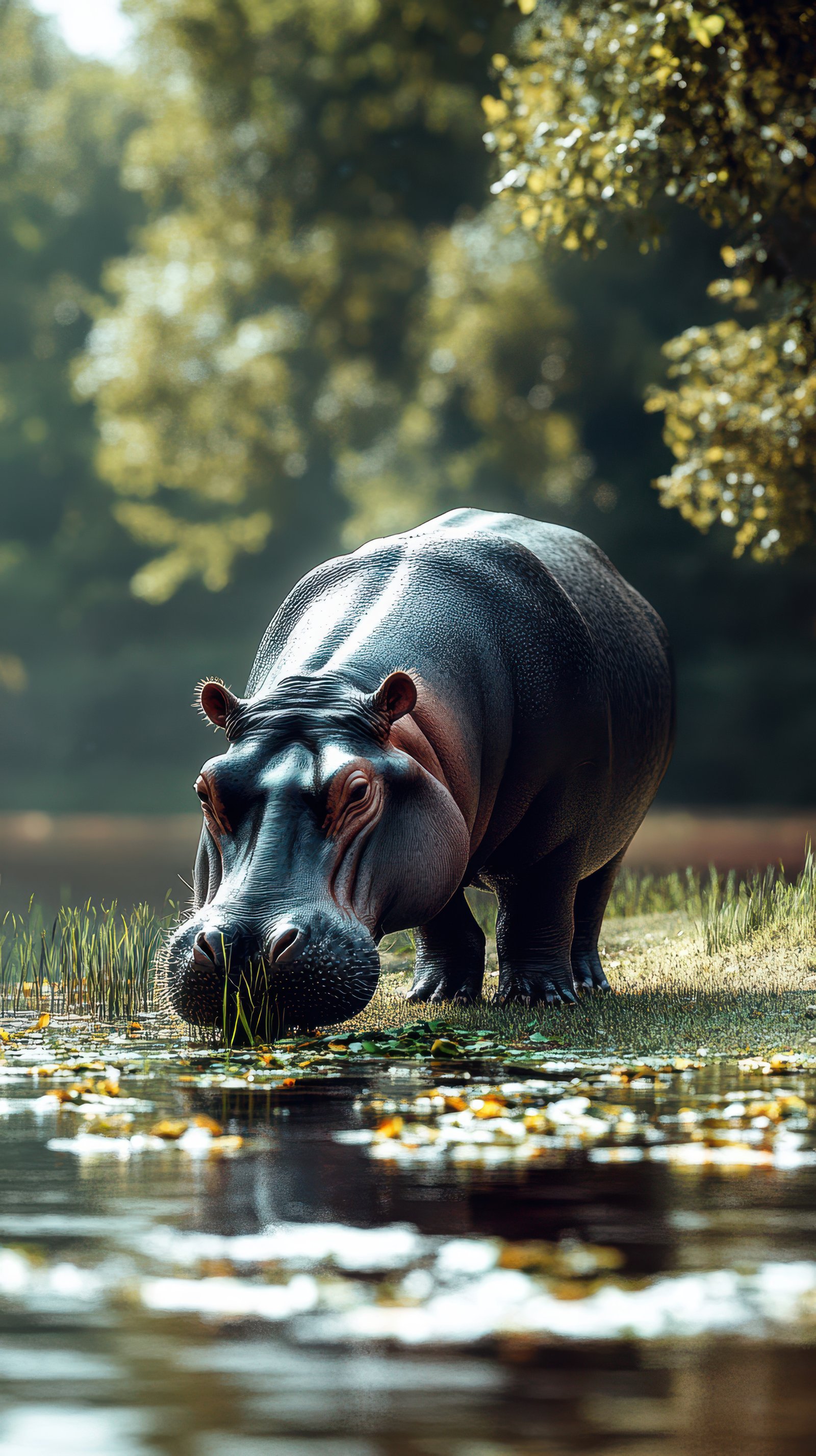 Hippo foraging along a tranquil waterway in a lush, sunlit landscape during the late afternoon hours
